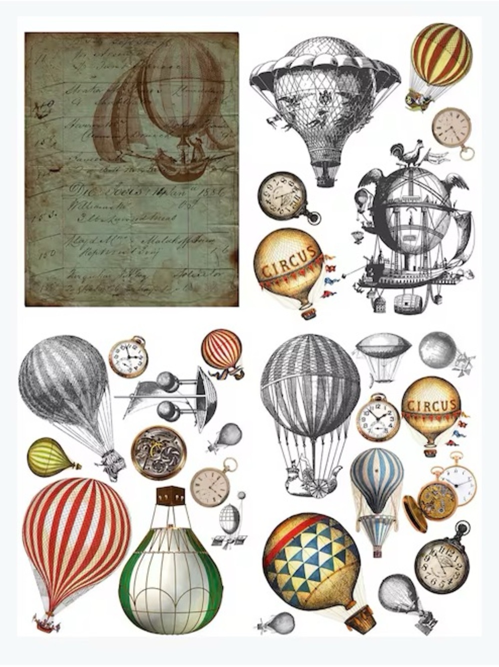 Dixie Belle Decor Transfer ~ HOT AIR BALLOONS & CLOCKS ~ 32 "× 24"